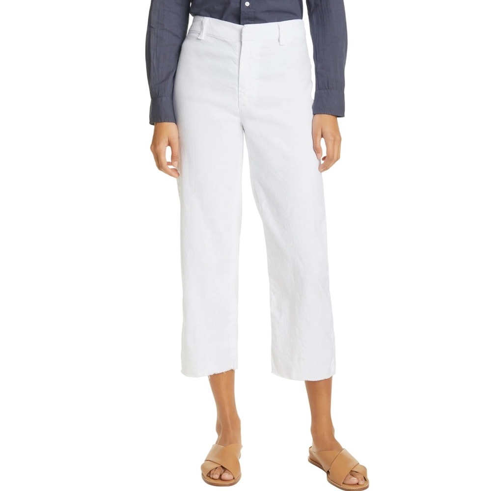 FRANK & EILEEN Kinsale Trousers High Rise, Distressed Hem Stretch White, Size 10